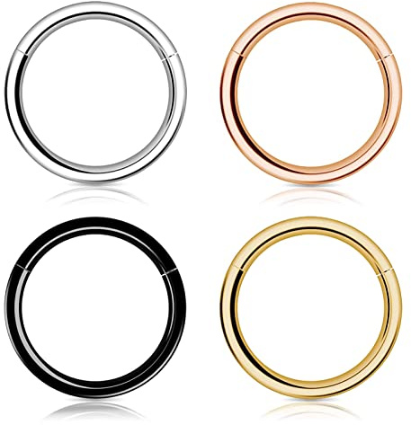 Kucheed 4 Piezas Aro Nasal para Mujer y Hombre, Aretes de Aro para Septum de Acero Quirúrgico 316L con Bisagras 6/8/10/12mm, Anillo Hipoalergénico de Concha Lóbulo Daith HélicePiercings Joyería