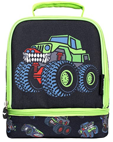 Fringoo Double Decker Lunch Bag - Monster Trucks Design - Insulated Compartment Lunch Bag for Kids