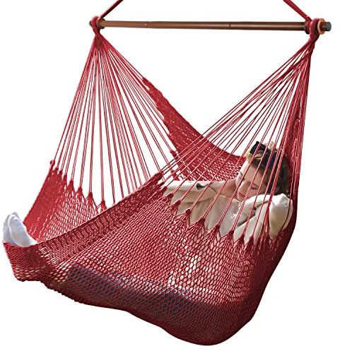 Bathonly Großer Hängesessel mit Metall-Spreizstange, bis 150 kg belastbar, Karibik Hängeschaukel, XL Handgewebt Hängestuhl für Indoor und Outdoor, Wohnzimmer, Terrasse, Garten, Balkon (Rot)