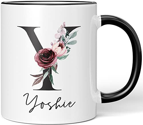 JUNIWORDS Tasse, Yoshie, Name Anfangsbuchstabe Initial Alphabet Floral Buchstabe Y Monogramm Motiv, Schwarz (5610860)
