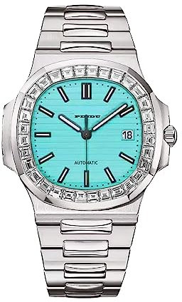 PINDU Automatische Uhren für Herren, Quadratische Diamantuhr Edelstahlband Skelett Selbstaufziehende mechanische Uhr Armbanduhr Geschenk für Männer, Drei Zeiger hellblau