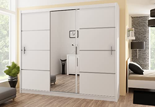 Kleiderschrank Vista mit Spiegel 250 cm, Schwebetürenschrank, Garderobeschrank Schlafzimmer; Wohnzimmerschrank; Korpus Schrank Farbe: Weiss; Farbe der Schrankfront: Weiss; Mehrzweckschrank