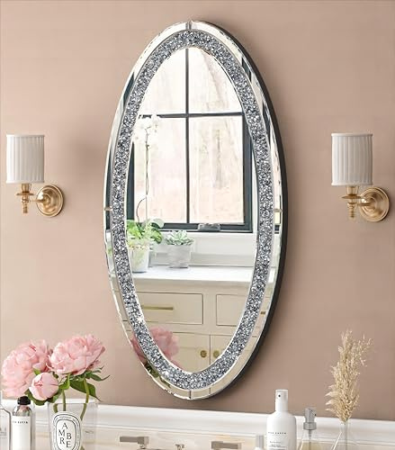 SHYFOY Ovaler Spiegel für die Wand Kristall Crushed Diamond Wohnzimmer Dekoration, funkelnder dekorativer Wandspiegel, groß 90 cm L x 50 cm B, moderner Glasakzent-Hängespiegel