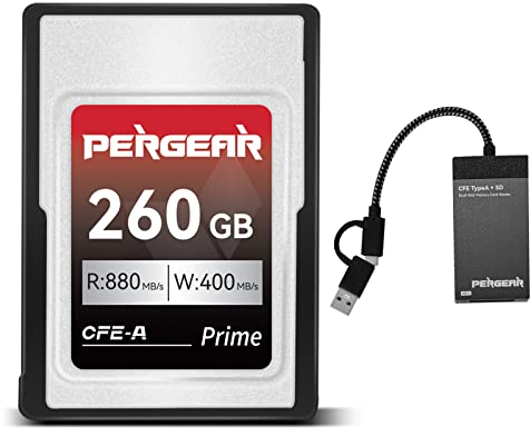 PERGEAR Professional 260GB CFexpress Typ A Speicherkarte, bis zu 880 MB/s Lesegeschwindigkeit und 900 MB/s Schreibgeschwindigkeit für 4K 120P, 8K 30P Aufzeichnung, mit Kartenleser