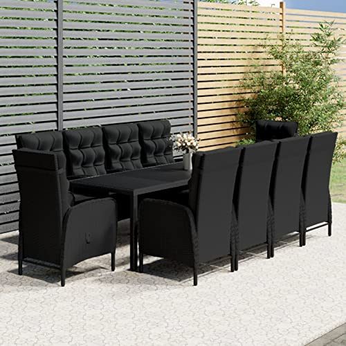Yolola Sitzgruppe Garten Essgruppe 10 Personen Rattan Gartenmöbel Set mit 10 Gartenstuhl Verstellbar Gartenmöbel Essgruppe Gartengarnitur Rattanmöbel Esstisch Sitzgarnitur Gartentisch Schwarz