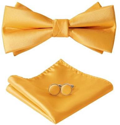 HOULIFE Fliege Herren Set - Verstellbare Fliege aus Satin Polyester Vorgebunden Fliege, einfarbige Einstecktuch, Manschettenknöpfe Set für Bräutigam Hochzeit formal mit Geschenkbox, Gelb