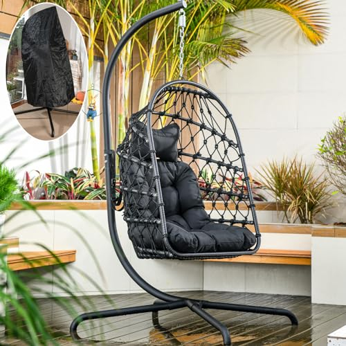 LKINBO Fauteuil Oeuf Suspendu pour l'Extérieur et l'Intérieur - Rotin Chaise Suspendue sur Pied - Pliable Balançoire de Jardin - Chaise à œuf en Osier avec Coussin Capacité 160 kg, Noir