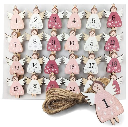 Netuno 24 Stück Dekoklammern Engel für Adventskalender Klammern mit Zahlen 1-24 Holz-Klammern Zierklammern Advent Weihnachten Weihnachtsdekoration Holz Deko Adventskalender Clips Kinder Weihnachtsdeko