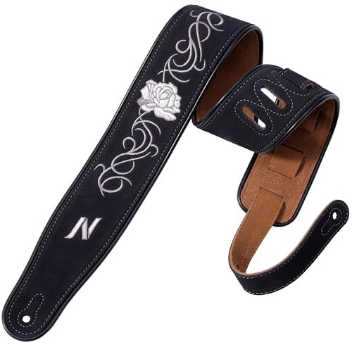 Nefelibata Gitarrengurt mit Rosen-Stickerei, 2,7“ doppellagiger Gitarrengurt aus bayerischem, getrommeltem Rindsleder mit Schaumstoffpolsterung, männliche und weibliche Akustik-, Bass- und E-Gitarren