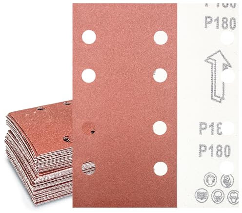 Senmai Tools Schleifpapier 93 x 185 mm Klett, Schleifblatt 8 Löcher, Schleifblätter Körnung 180, Schleifpapier für Schwingschleifer, für Schleifen von Hartholz, Farbe, auf Holz (30 Stück)