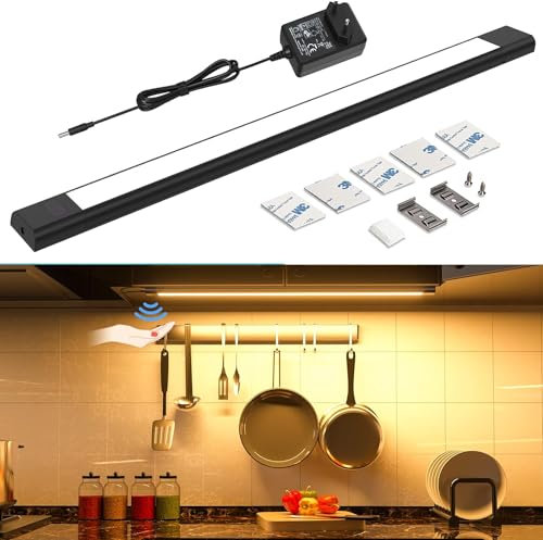 WOBANE Luce Sottopensile Cucina Led 60cm, Lampada per cucina Dimmerabile con Sensore Touchless, Striscia Led Cucina Sottopensile Luce Calda 2700K con Spina per Sotto Mensola, Armadio, Scaffali, Nero