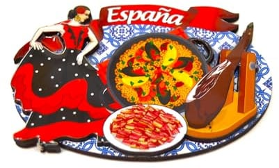 Kühlschrankmagnet. Tänzerin von spanischem Flamenco, Flagge von Spanien Kleid von Punkten. Serrano-Schinken und Paella.. Sevillaner Fächer