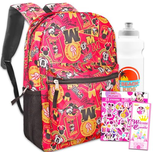 Minnie Backpack Kids - Bundle with 16 Minnie Backpack, Water Bottle, Stickers, More | Minnie Mouse Backpack for Girls, Minne Backpack for Girls, Minnie Mosue Kids Backpack, Mickey Backpack, Minnie