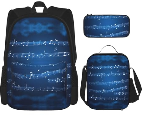 HJLUUFT Blue Musical Notes Practical 3pcs Backpack Set â€“ Large School Bag With Lunch Box And Pencil Case For Students,Backpack And Lunch Box Set