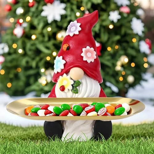 Emibele Gnomo Bandeja de Estatua, Bandeja Decorativa para Mesa de Entrada, Oficina y Decoración del Hogar, Bandeja de Dulces para Llavero, Joyería, Plato para Baratijas, Decoración navideñas, Rojo