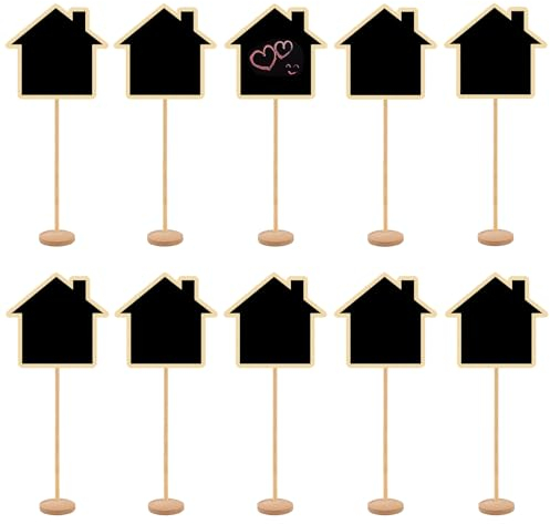 Mini-Kreidetafelschilder aus Holz mit Unterstützung, kleine Hausform, Lebensmitteletiketten, Nachrichtenbrett, Tischkarten für Hochzeiten, Geburtstage, Party-Dekoration, 10 Stück