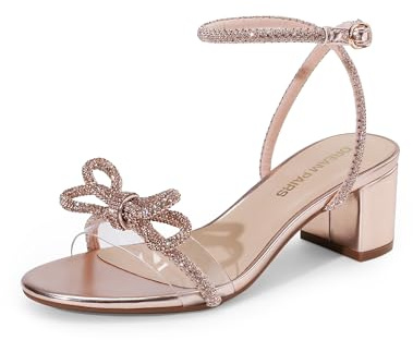 DREAM PAIRS Strass Doppelschleifen Chunky Sandalen Pumps | Klarer Riemen Offene Zehen Verstellbare Schnalle Knöchelriemen Niedrige Blockabsatz Abendkleid Elegante Brautschuhe für Damen