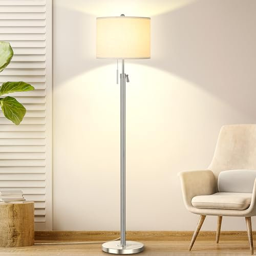 Qingmiao Stehlampe Wohnzimmer Silber Modern Stehleuchte, 3 Farbtemperaturen und Höhe verstellbar, Stehlampe mit Stoff Lampenschirm, Standleuchte für Schlafzimmer,Büro