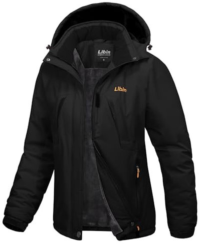 Libin Winterjacke Damen Skijacke Snowboardjacke Warme Gefüttert Fleecejacke Winddicht Outdoorjacke Winter Jacket mit Abnehmbarer Kapuze Softshell Funktionsjacke Schwarz S