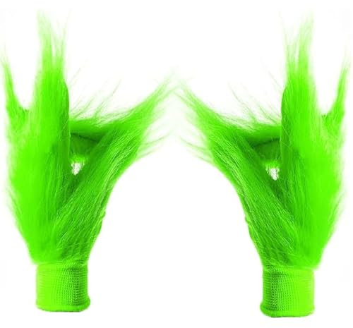 Weihnachten Halloween Handschuhe,Grünes Monster Handschuhe,Cosplay Monster Kostüm Zubehör 1 Paar Grüne Pelzige Handhandschuhe für Weihnachten Cosplay Kostüm Zubehör