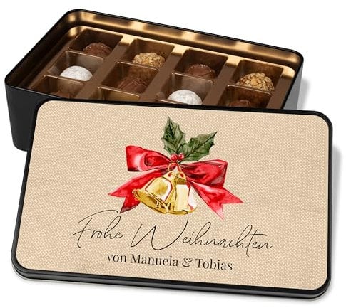 Pralinendose personalisiert „Frohe Weihnachten“ Glocken-Motiv - 12 Confiserie-Pralinen in Geschenkdose – Geschenk Weihnachten Schokolade Geschenkidee