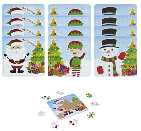 Lizzy 24 x Mini Christmas Jigsaw Puzzle Assorted Designs Santa, Elf, Snowman | Boys Girls XMAS Gift Toys Party Bag Favours, Stocking Fillers, Lucky Dip Prizes & Christmas Eve Boxes