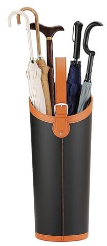 Regenschirmständer aus schwarzem Leder mit großer Kapazität für 5 10 lange Regenschirme, ideal für Eingänge, Decks, Garagen und Büros, inklusive Abtropfschale und Haken, 20 x 57 cm