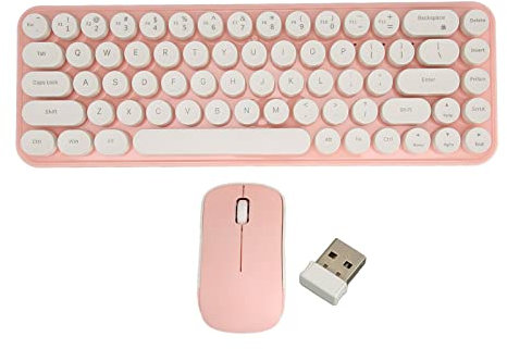 Tastatur-Maus-Kombination, tragbar, Retro, leise, 2,4 G, 68 Tasten, Büro-Tastatur-Maus-Set (Weiß Rosa)