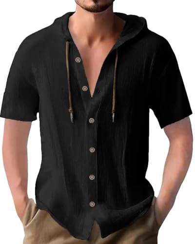 Ophestin Men's Hoodie Shirt Short Sleeve Button Down T Shirts Casual Cotton Beach Hoodies Tops Black L