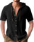 Ophestin Men's Hoodie Shirt Short Sleeve Button Down T Shirts Casual Cotton Beach Hoodies Tops Black L