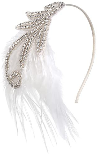 BABEYOND Bandeau vintage années 1920 avec plumes et perles en cristal - Accessoires de costume Gatsby le Magnifique - Accessoires de costume des années folles - Blanc