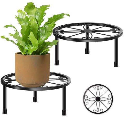 ELLECILA 2 Packs Metal Potted Plant Stand, 5 Inch* 9 Inch Black Heavy Duty Flower Rack, Round Plant Stands, Garden Container Stands for Indoor Plants, Patio Garden, Home Decor, Outdoor Courtyard