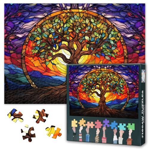 Albero della vita, puzzle per adulti, 1000 pezzi, in stile vetro colorato, albero della vita e sole, 1000 pezzi, puzzle impossibili, 50 x 70 cm