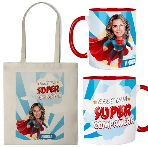 Kembilove® Pack Regalo Personalizado Supercompañera – Taza + Bolsa con Caricatura y Nombre – Eres Una Súper Compañera – Regalo Divertido y Original para Compañeras de Trabajo, Amigas o Colegas