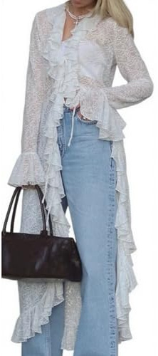 Felcia Womens Long Crochet Cardigan Lace Mesh Flowy Maxi Top Layering Shirt | ruffles, v-neckline, long sleeves, and tie front closure, Lightweight Ruffled