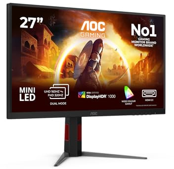 AOC Gaming Monitor U27G4XM 27 pollici 3840x2160@160Hz; 1920x1080@320Hz, 160Hz/320Hz dual mode, Fast IPS Panel, 1ms GtG, USB Hub Height Adjustment, (HDMI2x 2.1 DP 1x 1.4), HDR1000, G-Sync Comp., Nero