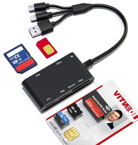 Adaptador de tarjeta SIM para ordenador/portátil – SD/TF/M2/MMC/Memory Stick Pro Duo adaptador para iPhone/USB C/A, lector SIM 7 en 3 y lector CAC y lector de tarjetas de memoria, puerto Lightning no
