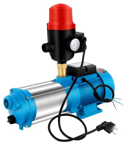 Pompe centrifuge 1300 W - 4000 l/h - 9,8 bar - Pompe de jardin auto-amorçante en acier inoxydable - Avec bouton pression et manomètre - Pour irrigation, agriculture, étang, jardin (style B)