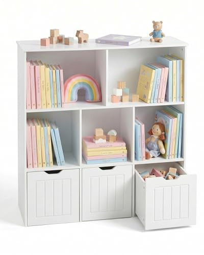 Amveya Estanteria Infantil con 5 Compartimentos, Organizador de Juguetes con 3 Cajones, Mueble Almacenaje Juguetes, Librería Montessori, Estante para Niños, Blanco 100x33x89.5cm