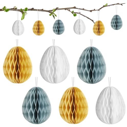 JULMELON 12 Stück Ostereier Papier Waben zum Aufhängen 3D Ostereierdeko | Papier, Weiß Braun Grau, 7x5cm, Hängend Osterdeko für Frühling Sträucher Innen Draußen Deko