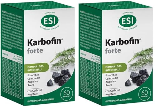 ESI, Karbofin Forte, Integratore Carbone Vegetale Gonfiore, Elimina i Gas Intestinali e Regolarizza l'Attività Intestinale, Con Finocchio, Camomilla e Anice, Vegan, Senza Coloranti, 60 Naturcaps