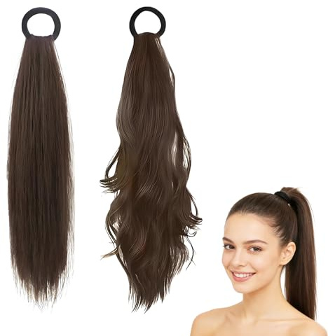 Jetstream 2 Stück Zopf Extension, 45cm Pferdeschwanz Haarteil, Ponytail Extension, Echthaar Zopf, Dunkelbraun, Gerader und Welliger Pferdeschwanz, Geeignet für Frauen und Mädchen
