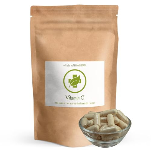 vitalundfitmit100 Natürliches Vitamin C aus Bio Acerola Extrakt, 180 Kapseln, vegan