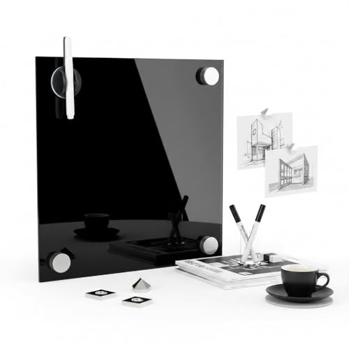 Mucola Glasmagnettafel 45x45 cm Schwarz – Magnettafel Glas beschreibbar Whiteboard Magnetboard Wandtafel aus Sicherheitsglas inkl. Marker Magnete Montagematerial – Glasboard Büro Küche Homeoffice