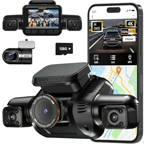 HUPEJOS 4 Kanal 360 Grad Dashcam Auto Vorne Hinten, 4K Auto Kamera, V8Pro | Fahrerüberwachung(DDAW), 5G WLAN GPS, Inklusive 128GB SD-Karte, Sprachsteuerung, Nachtsicht, CPL, 24H Parkmodus, Privatmodus