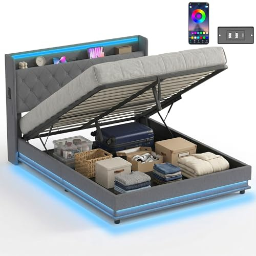 HOMCOM 5ft King Ottoman Bed Frame with Hydraulic Storage, APP Control LED Lights and Charging Station, Upholstered Lift Up Storage Bed Frame with Headboard, No Box Spring Needed, Dark Grey