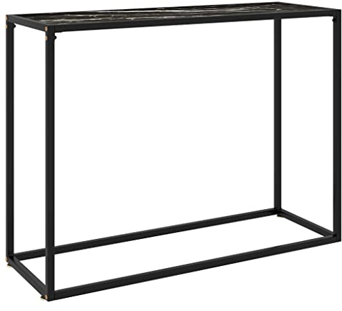 mzdioop Table console noire 100 x 35 x 75 cm en verre trempé avec aspect marbre, acier revêtu par pulvérisation, support mural, table d'appoint pour salon, couloir, chambre à coucher, bureau, espace