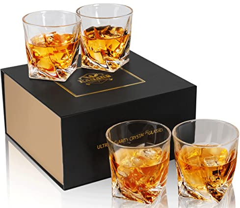 KANARS Juego de 4 vasos de whisky, de 10 onzas, trenzados y antiguos, en caja de regalo, vaso de licor de cristal para Bourbon Scotch, cóctel, whisky, vodka, utensilios de bar de roca para hombres y