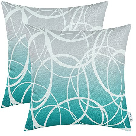 CaliTime Kissenbezüge Kissenhülle 2er-Pack Couch Sofa Heimdekoration moderner Farbverlauf Ombré-Kreise Ringe auf beiden Seiten 40cm x 40cm grau bis blaugrün