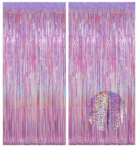 Melsan 2 Pack 3.2 ft x 8.2 ft Tinsel Foil Fringe Curtains Backdrop, Sparkle Metallic Foil Curtains for Party Photo Booth Props Decoration, Pinkish Purple